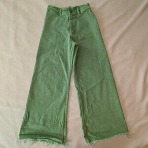 ZARA WIDE LEG GREEN DENIM JEANS; Sz. 4; Frayed Raw hem